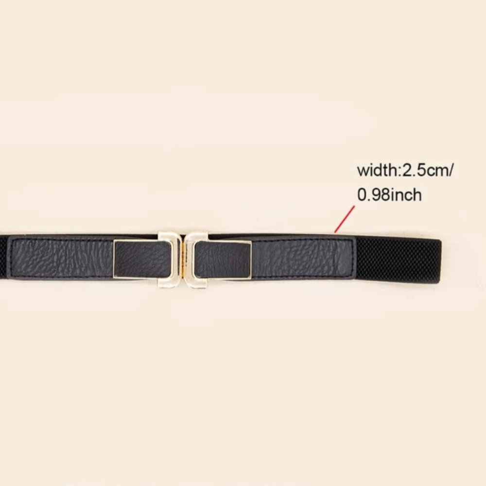 Black Leather Detail Gold Buckle Elastic Skinny Belt - Picture 3 of 3